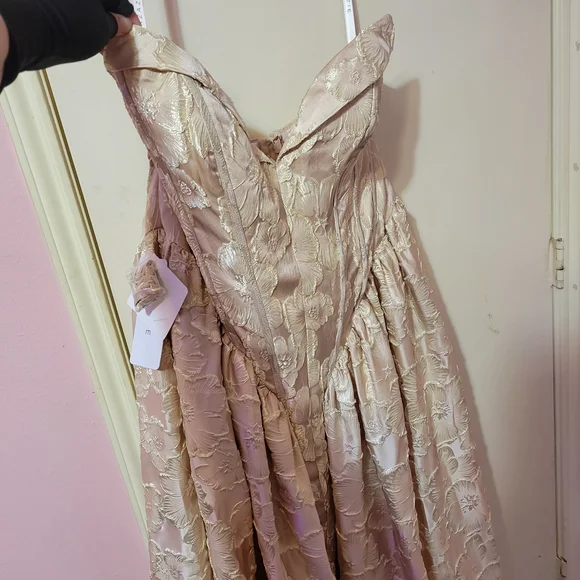 Azazie Strapless Floral Jacquard Midi Dress in Vintage Blush Champagne - Picture 2 of 8